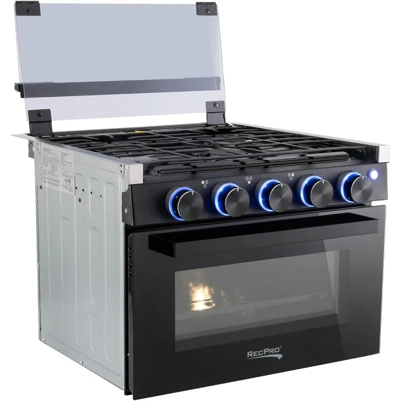 RecPro RV Stove – 17" Black Gas Range with 3 Burners (6,500 & 8,000 BTU) and 7,100 BTU Oven, 1.24 Cu. Ft. Capacity