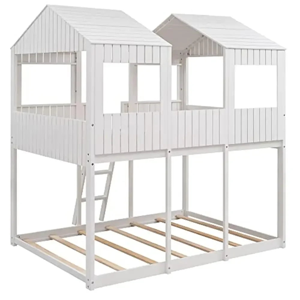 Full Size House Bunk Bed with Roof, Window, Guardrails & Ladder, White Modern Loft Design