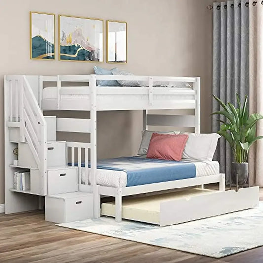 Solid Wood Twin Over Twin/Full Bunk Bed with Trundle, Storage Drawers & Staircase (Left-Side Access)
