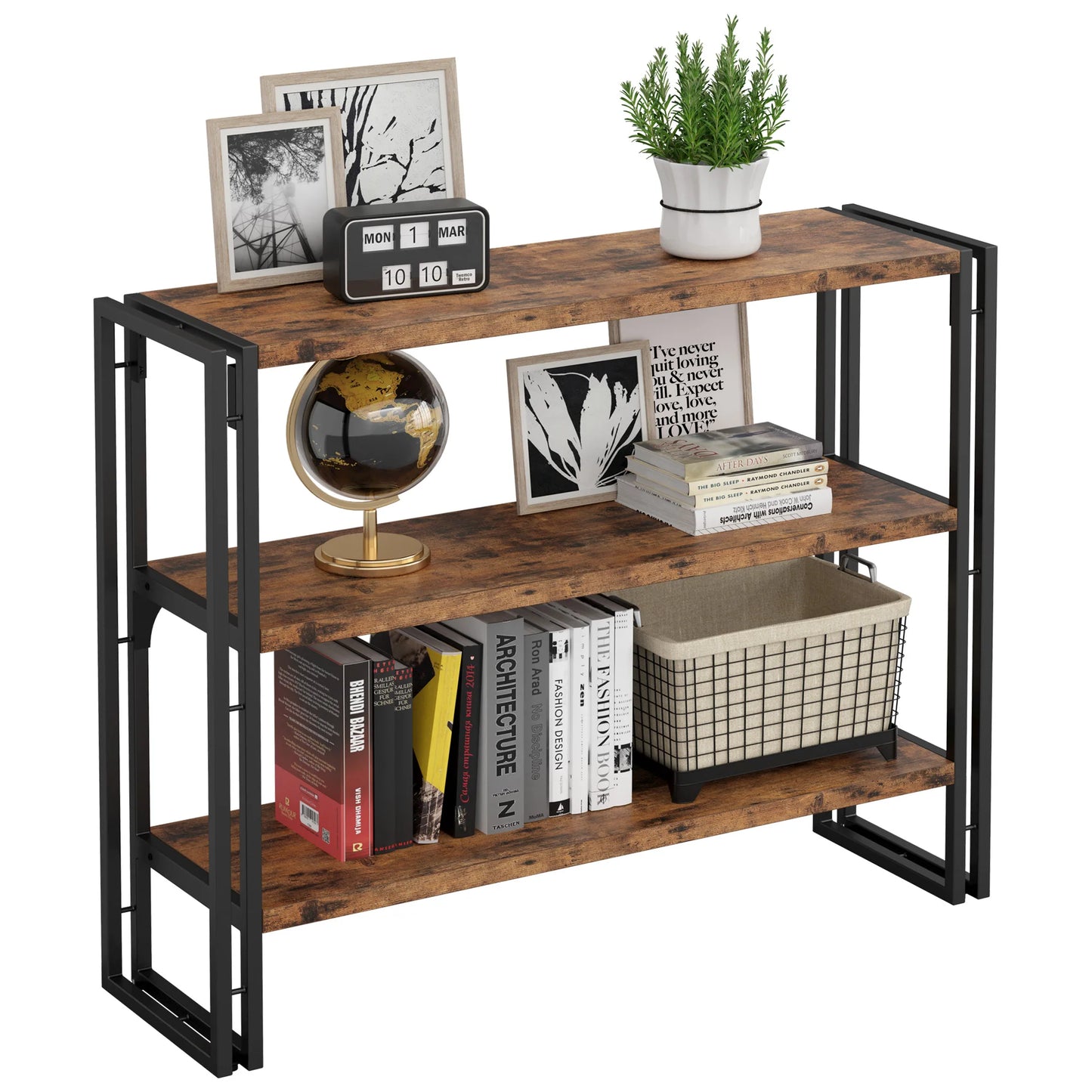 IRONCK Industrial 3-Shelf Bookcase – Wood Storage Shelf with Metal Frame, Vintage Brown