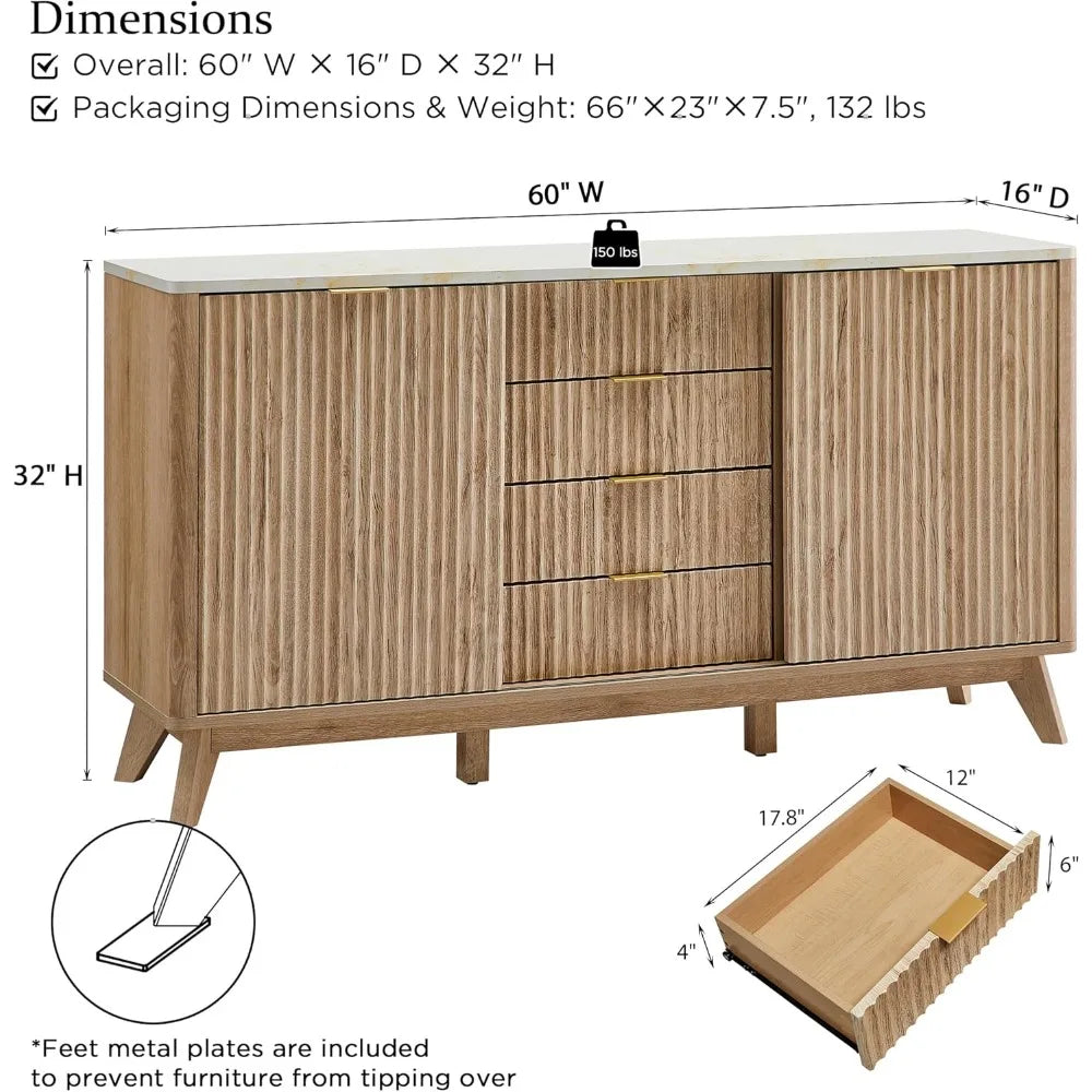 Fluted Dresser with Sliding Doors & Faux Marble Top
