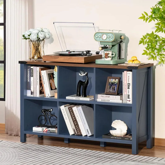 6-Cube Farmhouse Wood Bookcase – Low Storage Organizer, 47" Horizontal Console Bookshelf with Legs, Navy Blue