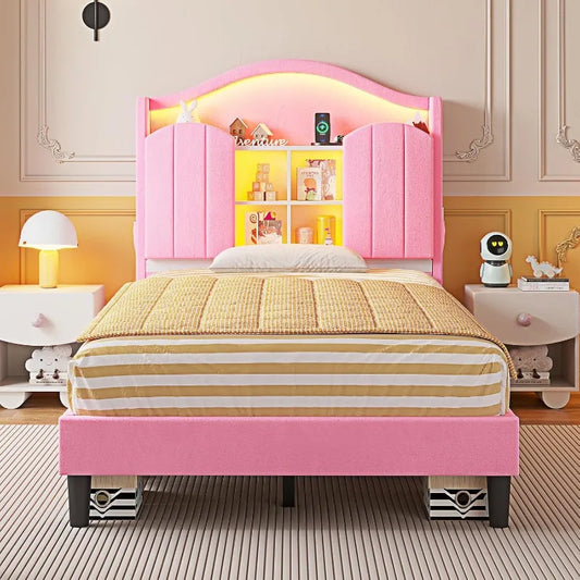 Twin Princess Bed Frame with LED Lights – Pink Velvet Upholstered Platform with Storage & Charging Headboard