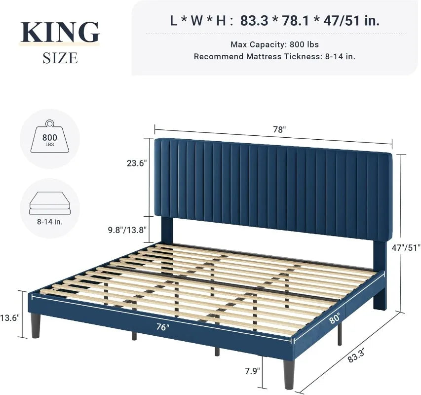 King Size Velvet Upholstered Platform Bed, Adjustable Channel Tufted Headboard, Navy Blue