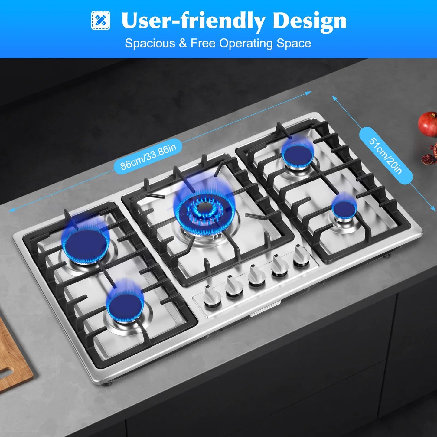 5-Burner Gas Cooktop – Stainless Steel Panel Stove for Natural Gas & LPG