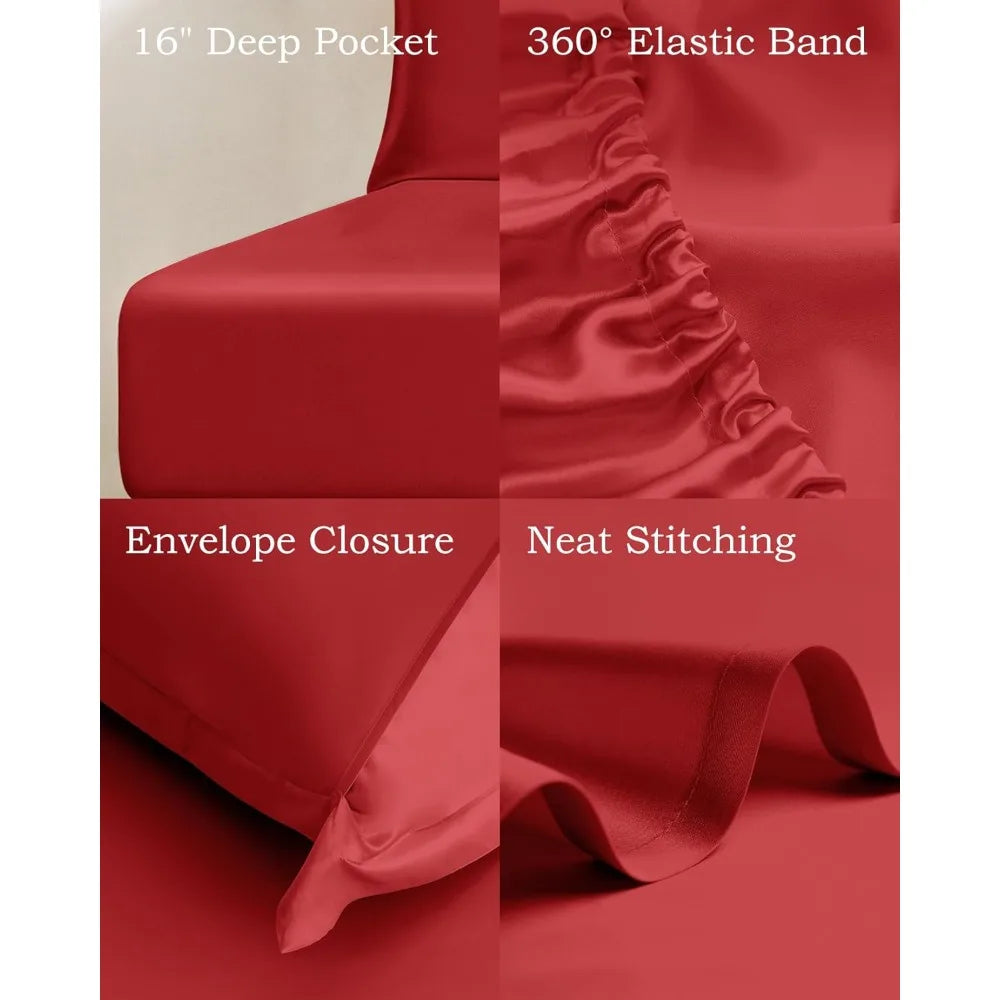 Queen 100% Mulberry Silk Sheet Set – 4-Piece Luxury Red Bedding