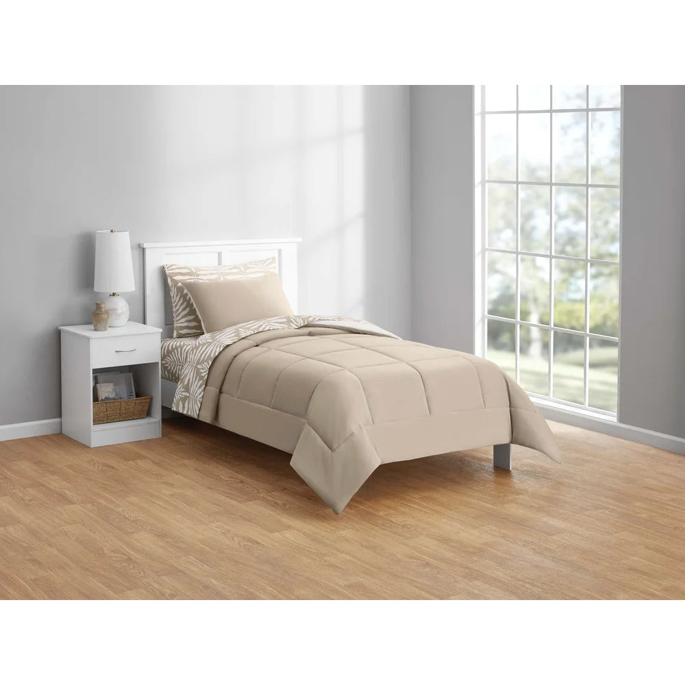 5-Piece Reversible Comforter Set with Sheets – Twin XL Beige Palm Print, Soft & Machine Washable