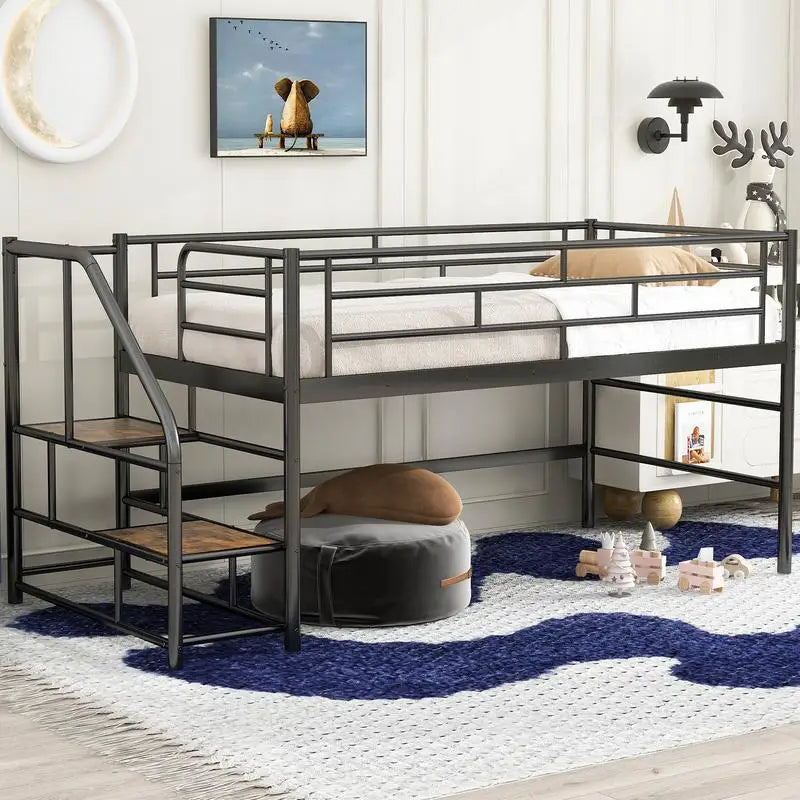 Twin Mid Loft Bed with Storage Steps, Black Finish, Space-Saving Design