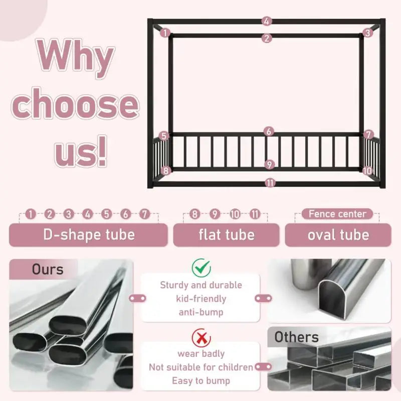 Full Size Sunshade Floor Bed Frame, Iron Double Bed, Modern Low-Profile Design, Fence-Style Guardrails, Black Series