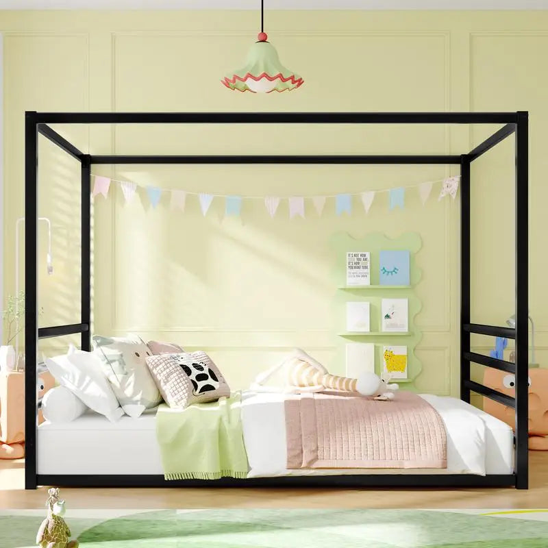 Queen Size Sunshade Floor Bed, Black Iron Frame, Low-Profile Design with Fence Guardrails