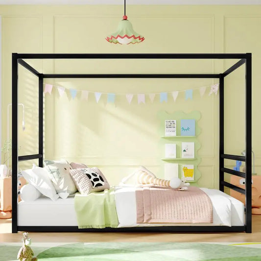 Queen Size Sunshade Floor Bed, Black Iron Frame, Low-Profile Design with Fence Guardrails