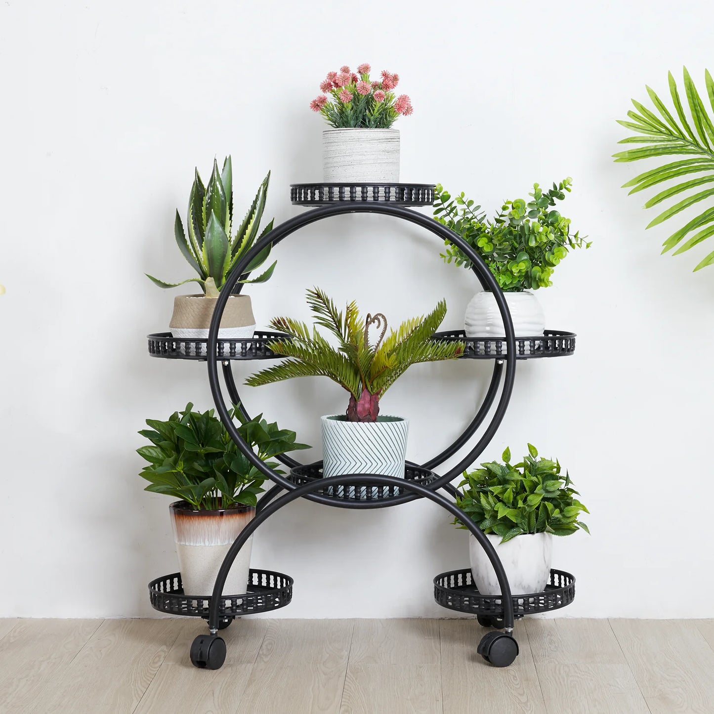 Rolling Metal Plant Stand Flower Storage Shelf Holder with Lockable Wheels