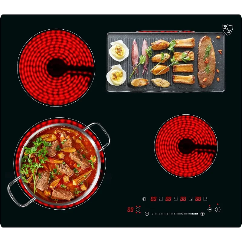 K&H 24" Built-in Electric Cooktop – 4 Burner Radiant Ceramic Stove Top, 7200W, Slider Touch Control (CE24-7206SL)