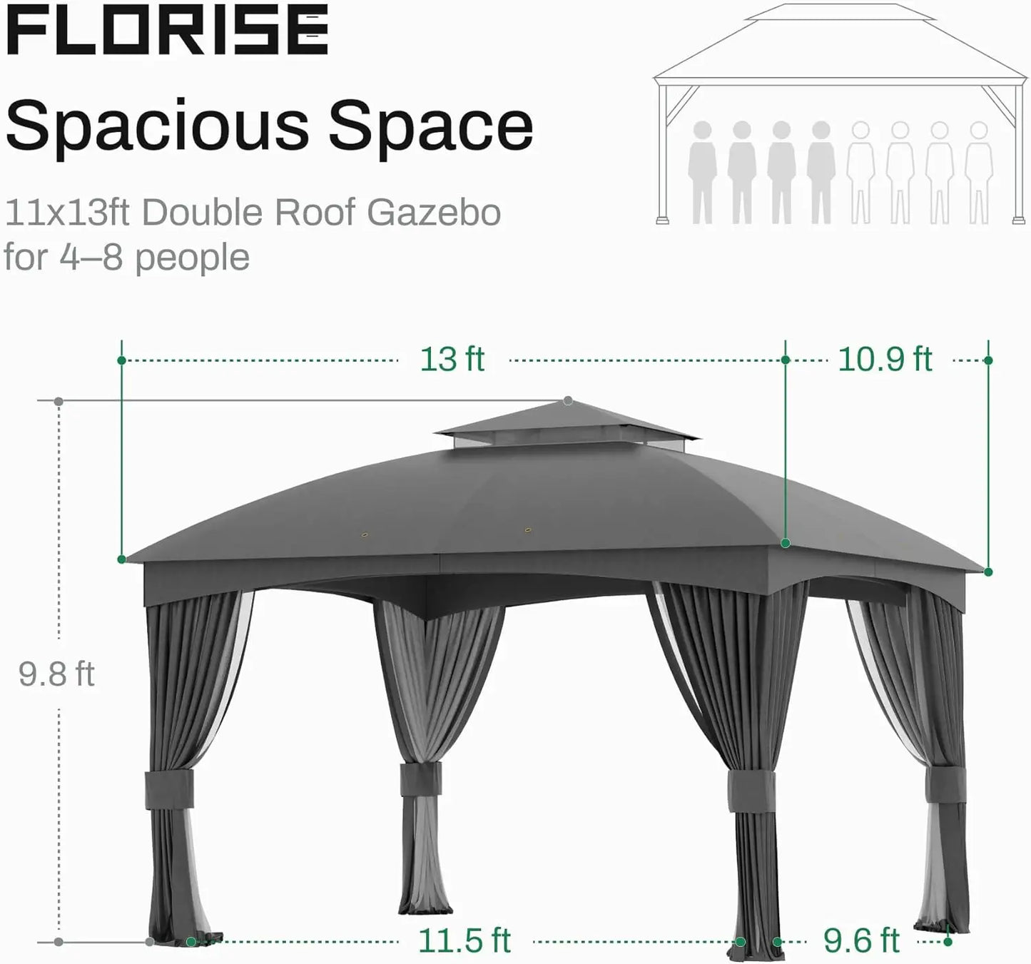 11x13 Ft Heavy-Duty Outdoor Gazebo, Double Roof Pavilion with Galvanized Steel Frame