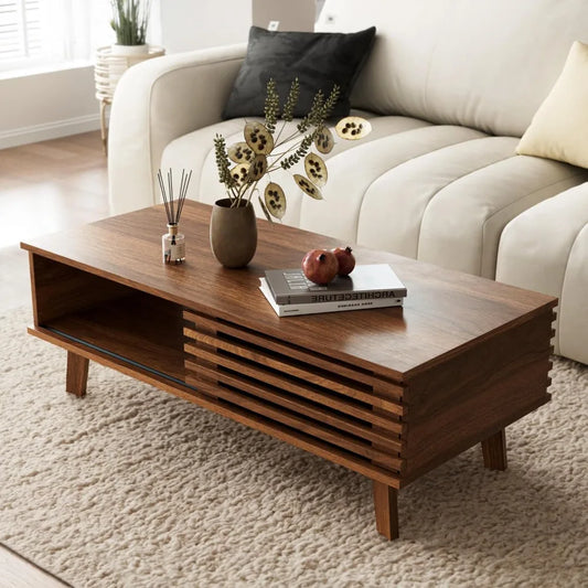 Mid-Century Modern Coffee Table – Walnut Finish with Storage & Sliding Fence Door
