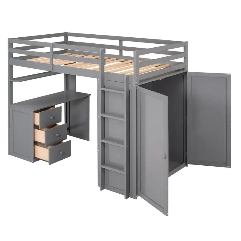 Gray Twin Loft Bed with Drawers, Desk & Wardrobe – Space-Saving Kids’ Bedroom Furniture