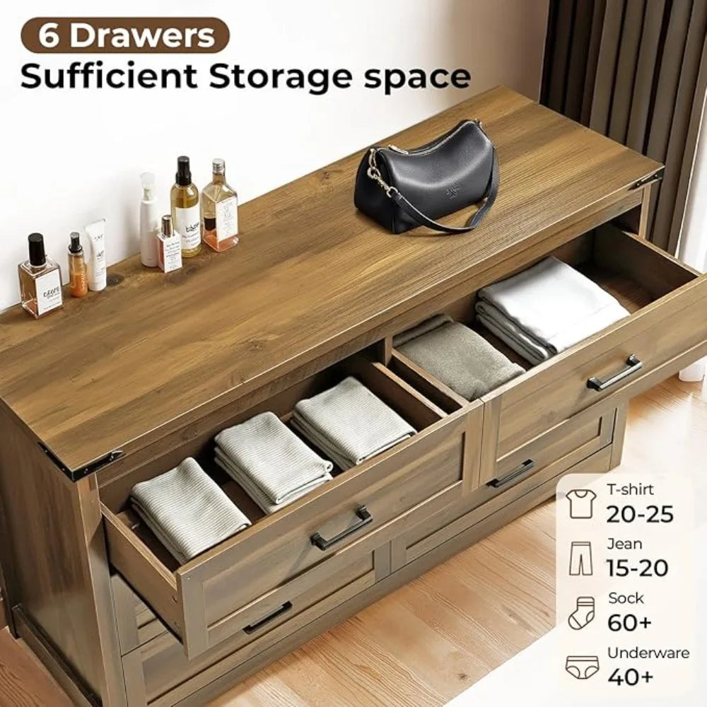 54" Wide Farmhouse 6-Drawer Wooden Dressing Table with Metal Handles