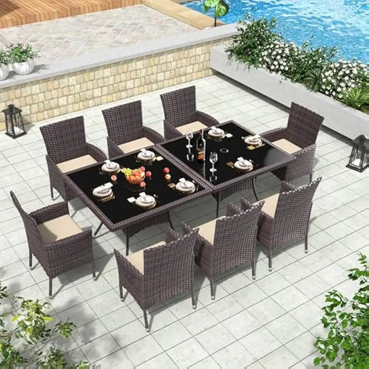 10-Piece Outdoor Dining Set – Rattan Patio Table with 8 Chairs & Cushions, Sand Color