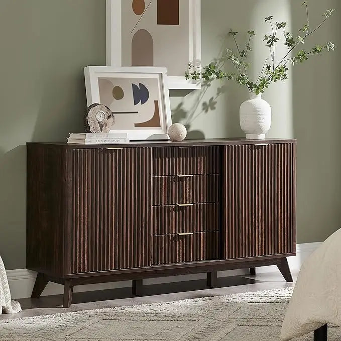 Fluted Dresser with Sliding Doors & Faux Marble Top
