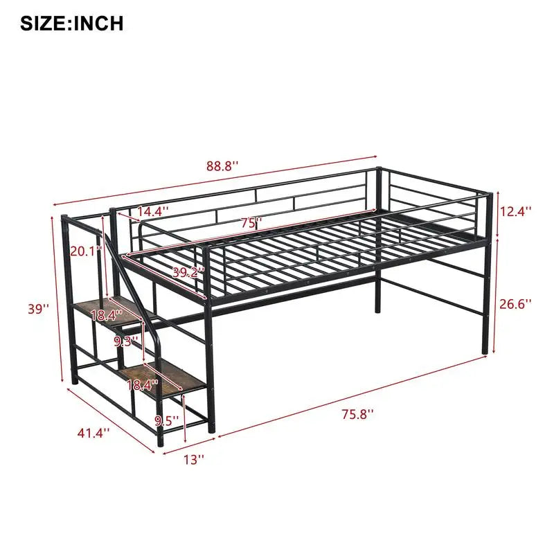 Twin Mid Loft Bed with Storage Steps, Black Finish, Space-Saving Design