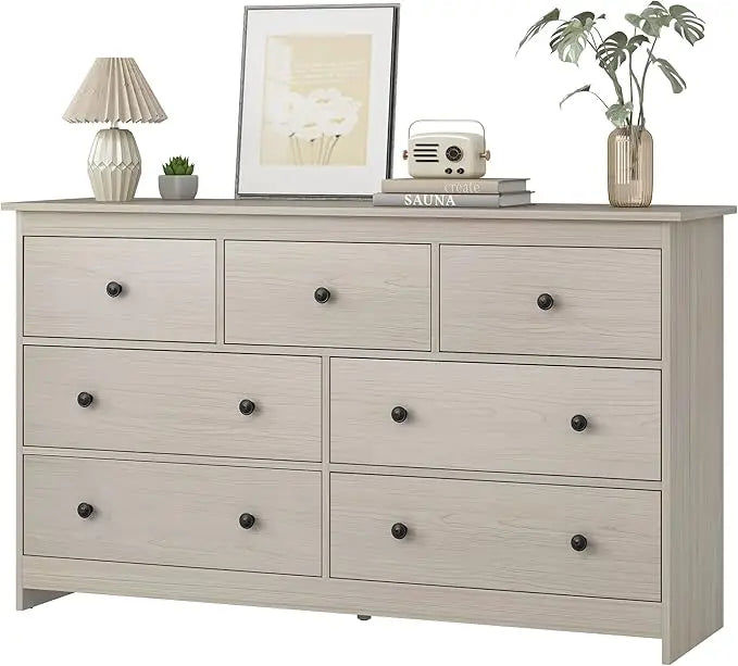 55" White 7-Drawer Dresser – Wooden Storage Chest with Gold Handles