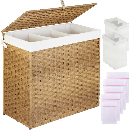 125L Laundry Hamper with Lid – 3-Section & 2-Section Removable Bags + 5 Mesh Bags, Handwoven