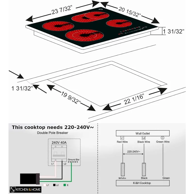 K&H 24" Built-in Electric Cooktop – 4 Burner Radiant Ceramic Stove Top, 7200W, Slider Touch Control (CE24-7206SL)