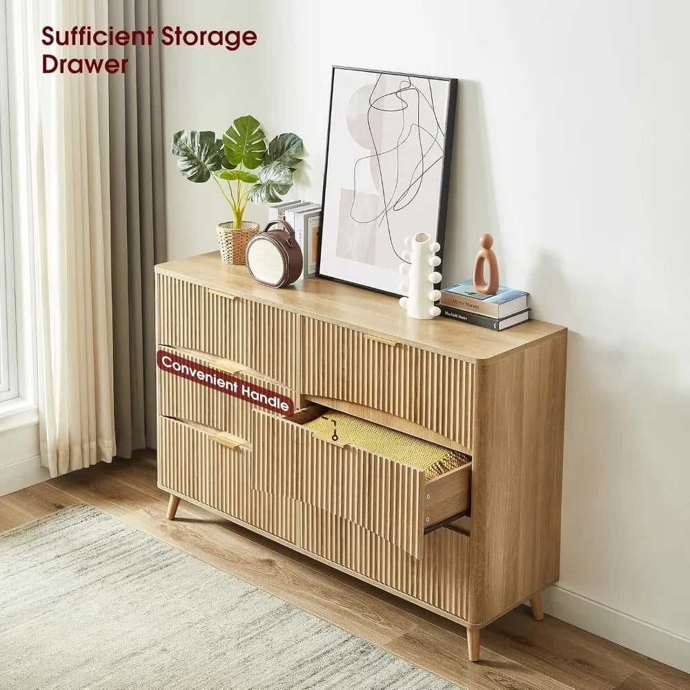 Wide 6 Drawer Light Wood Curved Dresser – Mid-Century Modern Chest