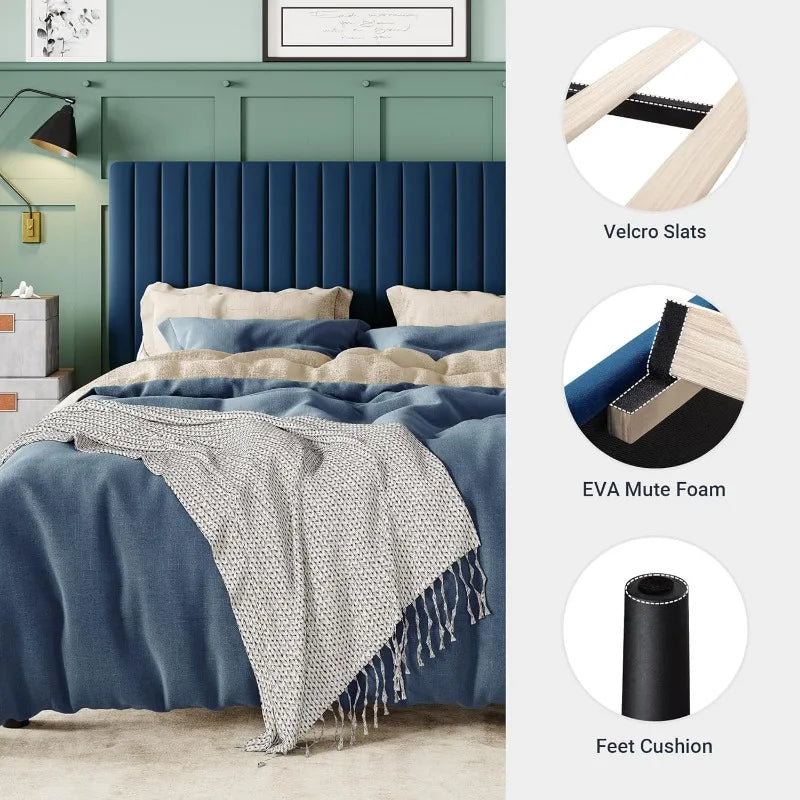 King Size Velvet Upholstered Platform Bed, Adjustable Channel Tufted Headboard, Navy Blue