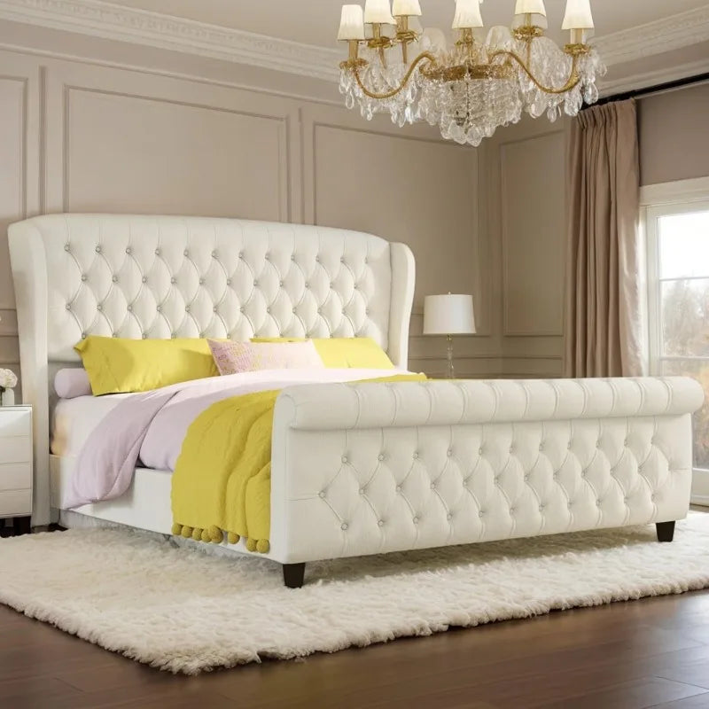 King Size Chenille Upholstered Sleigh Platform Bed, Curved Headboard & Footboard, Tufted Design