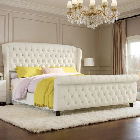 King Size Chenille Upholstered Sleigh Platform Bed, Curved Headboard & Footboard, Tufted Design