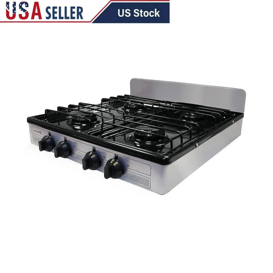 4-Burner Portable Liquid Propane Stove Top – Adjustable Flames with Protective Porcelain Cover, Ideal for Outdoor Cooking