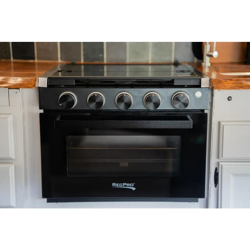 RecPro RV Stove – 17" Black Gas Range with 3 Burners (6,500 & 8,000 BTU) and 7,100 BTU Oven, 1.24 Cu. Ft. Capacity
