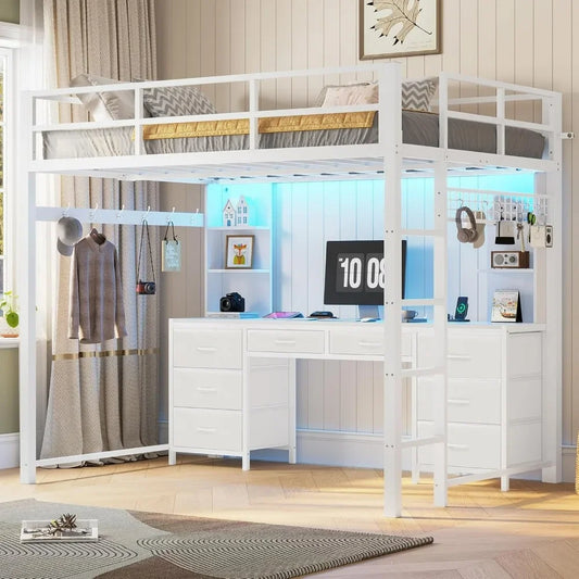 Full Size Loft Bed with Desk, 8 Drawers, Shelves, LED Lights & Charging Station