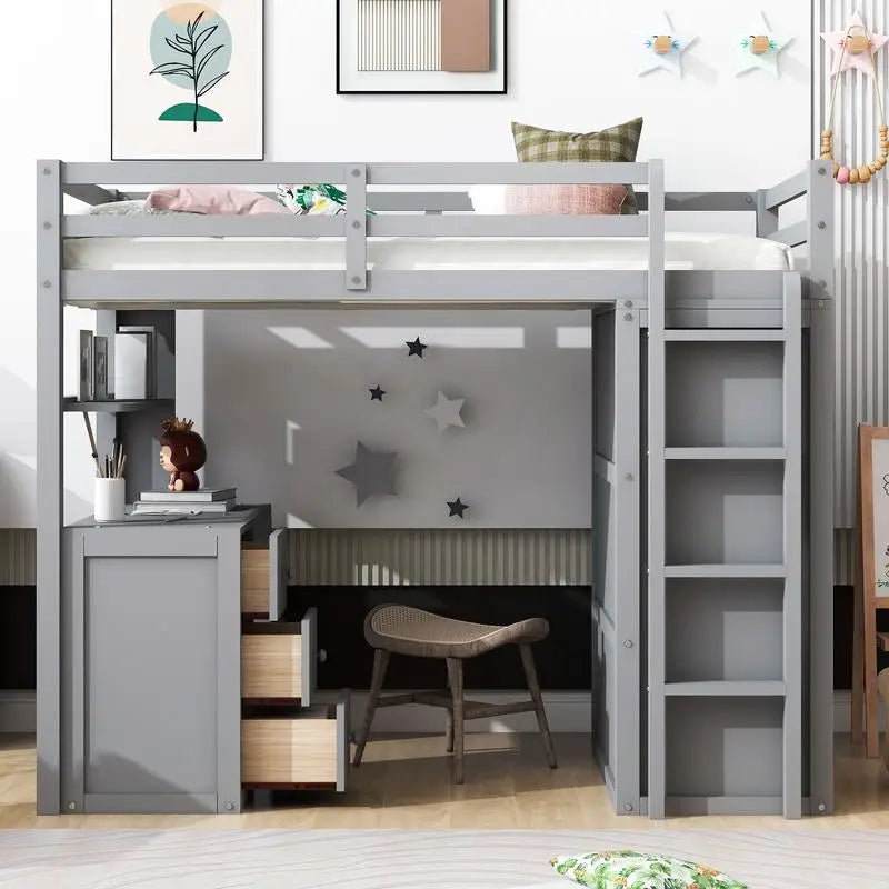 Gray Twin Loft Bed with Drawers, Desk & Wardrobe – Space-Saving Kids’ Bedroom Furniture