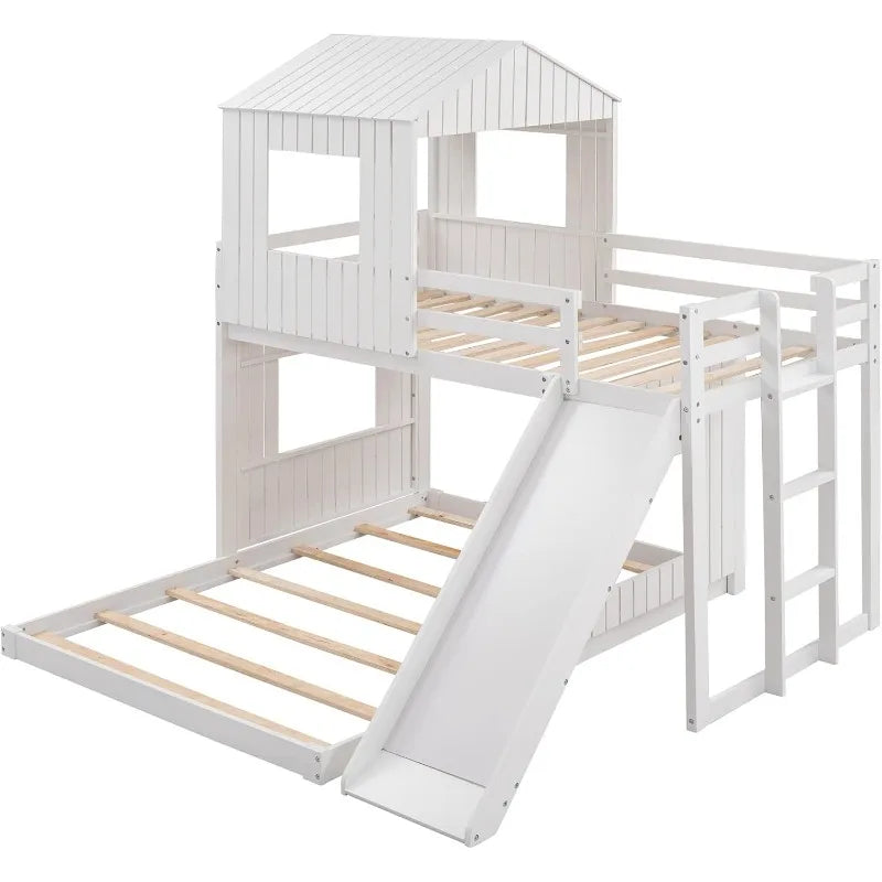 Merax Twin Over Full Bunk Bed with Slide, House Roof & Window, Safety Guardrails, White