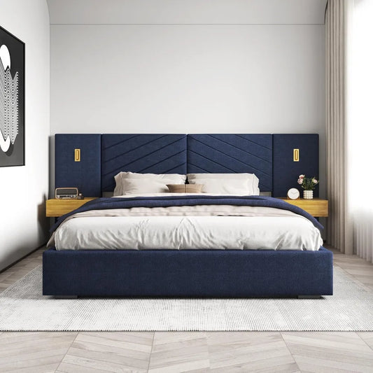 King Size Luxury Platform Bed – Oversized Upholstered Headboard with Built-in Gold LED & Nightstands
