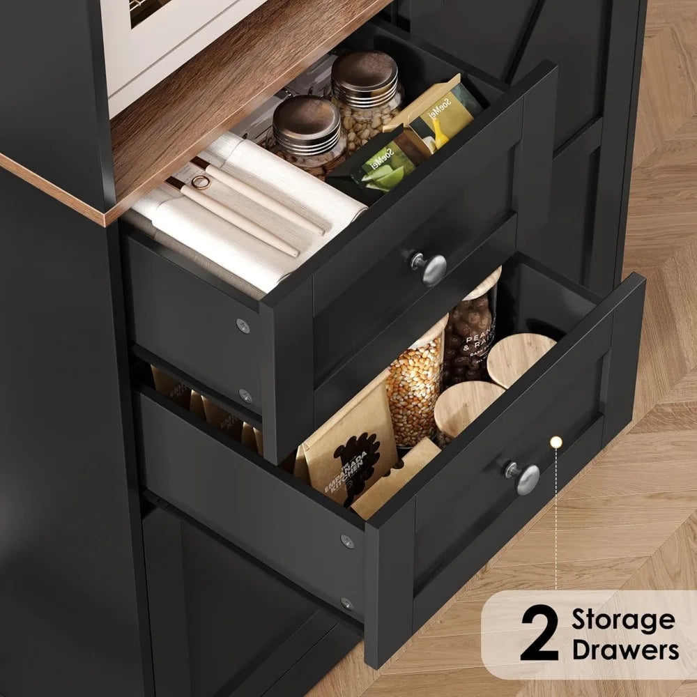 75" Coffee Bar Cabinet with Hutch – Pantry Storage Cabinet with Sliding Barn Door, Wine Rack & Shelves