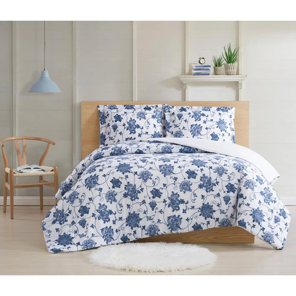 Blue Cotton Comforter Set – Twin XL, 2-Piece Floral Vine Pattern