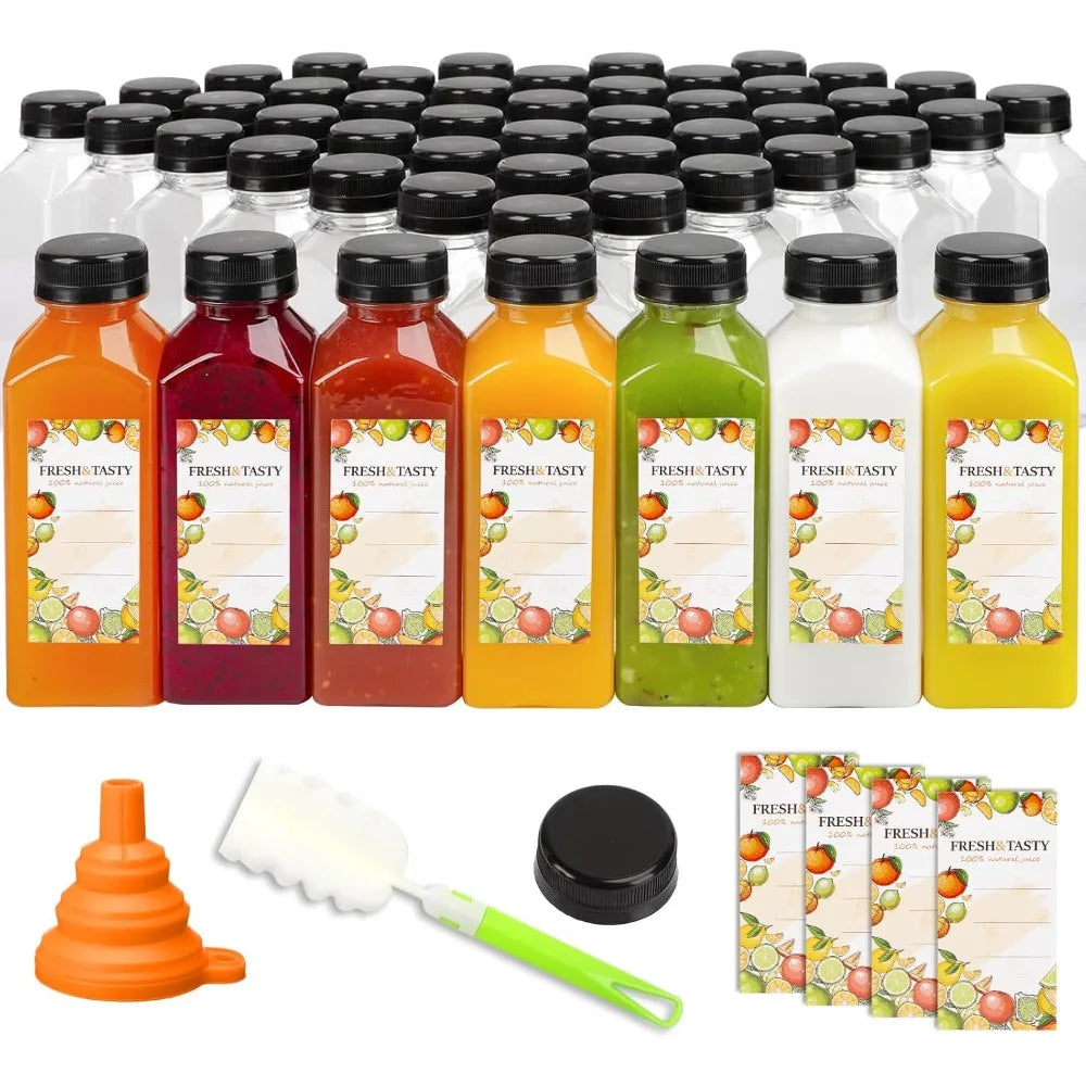 Hot-Sell! 100pcs 12oz Plastic Reusable Juice Bottles with Caps – Clear Bulk Beverage Containers with Lids, Labels, Funnel & Brush