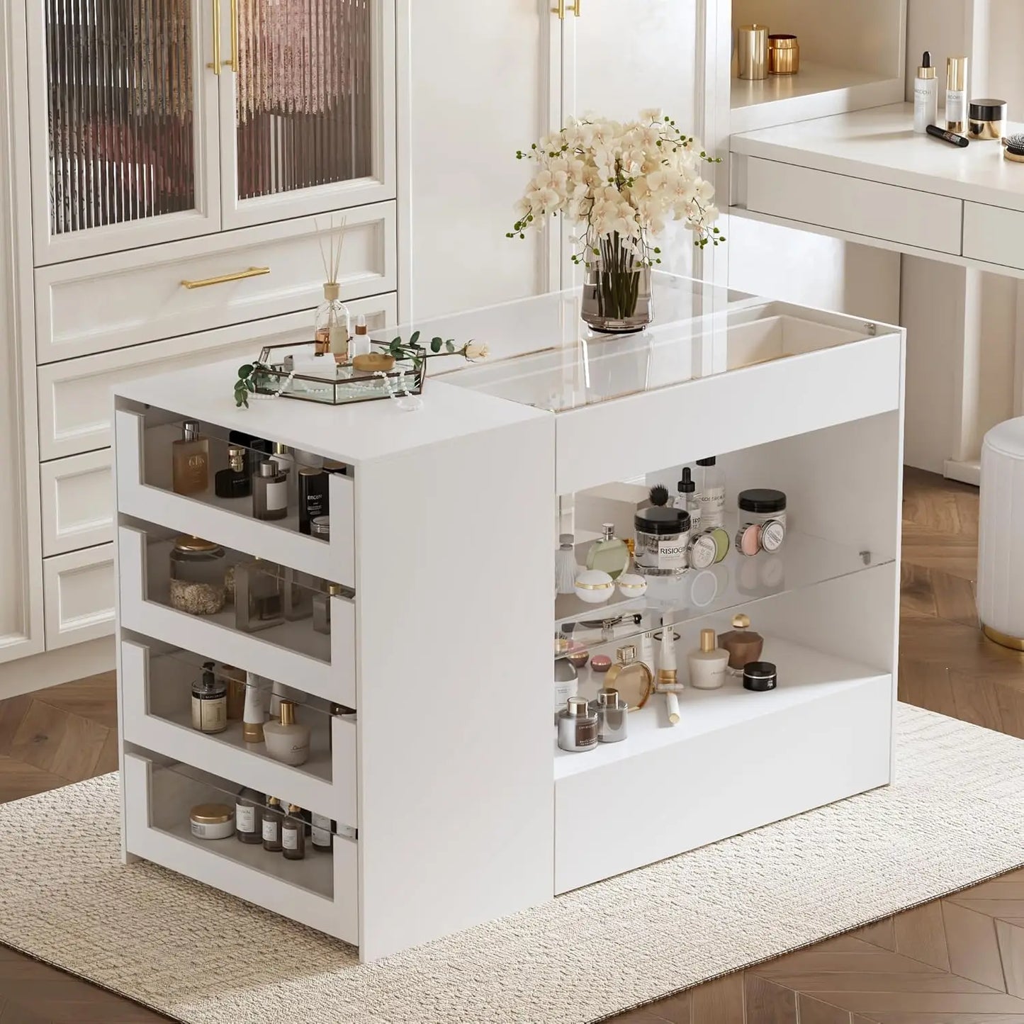 Closet Island with Glass Top & 8 Drawers – Jewelry Display Cabinet