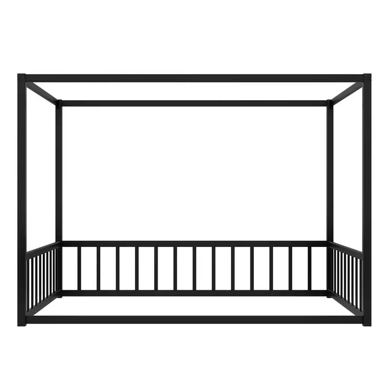 Full Size Sunshade Floor Bed Frame, Iron Double Bed, Modern Low-Profile Design, Fence-Style Guardrails, Black Series