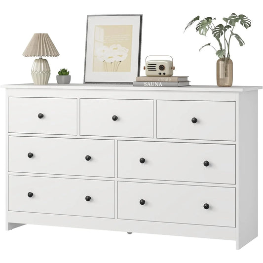 55" White 7-Drawer Dresser – Wooden Storage Chest with Gold Handles