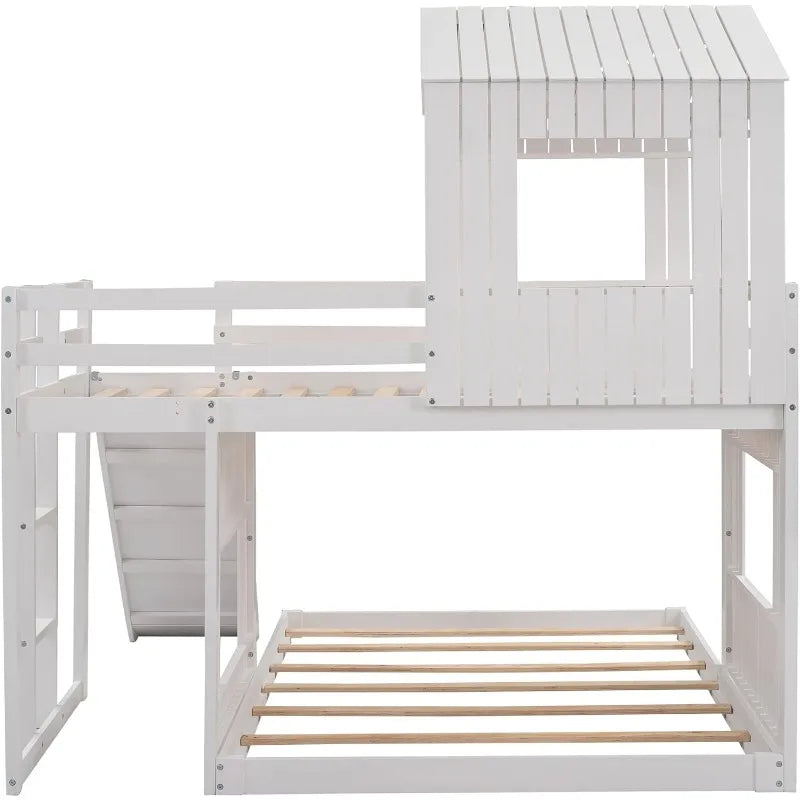 Merax Twin Over Full Bunk Bed with Slide, House Roof & Window, Safety Guardrails, White