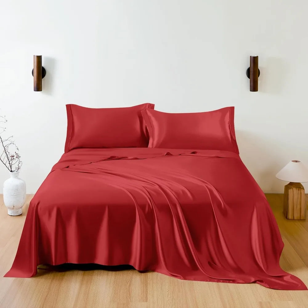 Queen 100% Mulberry Silk Sheet Set – 4-Piece Luxury Red Bedding