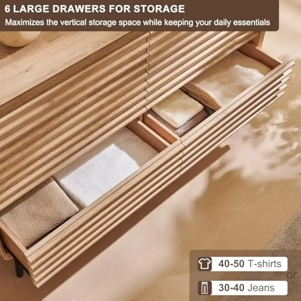 54" Wide Mid-Century Modern Fluted Double Dresser with Tapered Legs