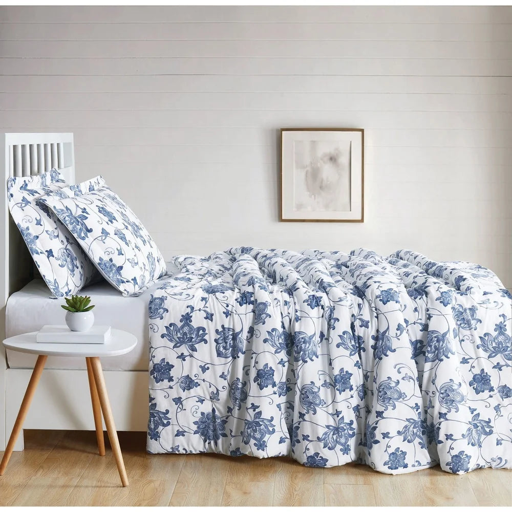 Blue Cotton Comforter Set – Twin XL, 2-Piece Floral Vine Pattern