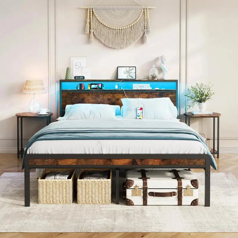 Full-Size Metal Bed Frame with Headboard & Footboard, LED Lights, Heavy-Duty Steel Slat Support