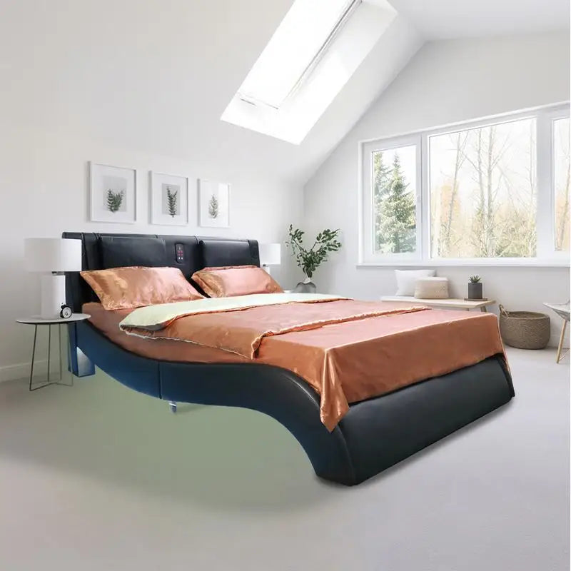 Faux Leather Platform Bed Frame with LED Lights, Bluetooth Music, Massage Backrest & Curved Design