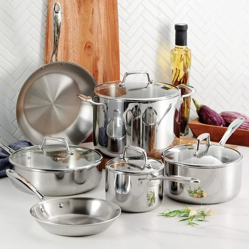 Tramontina Tri-Ply Clad Stainless Steel 10-Piece Cookware Set with Glass Lids – Induction-Ready Pots & Pans
